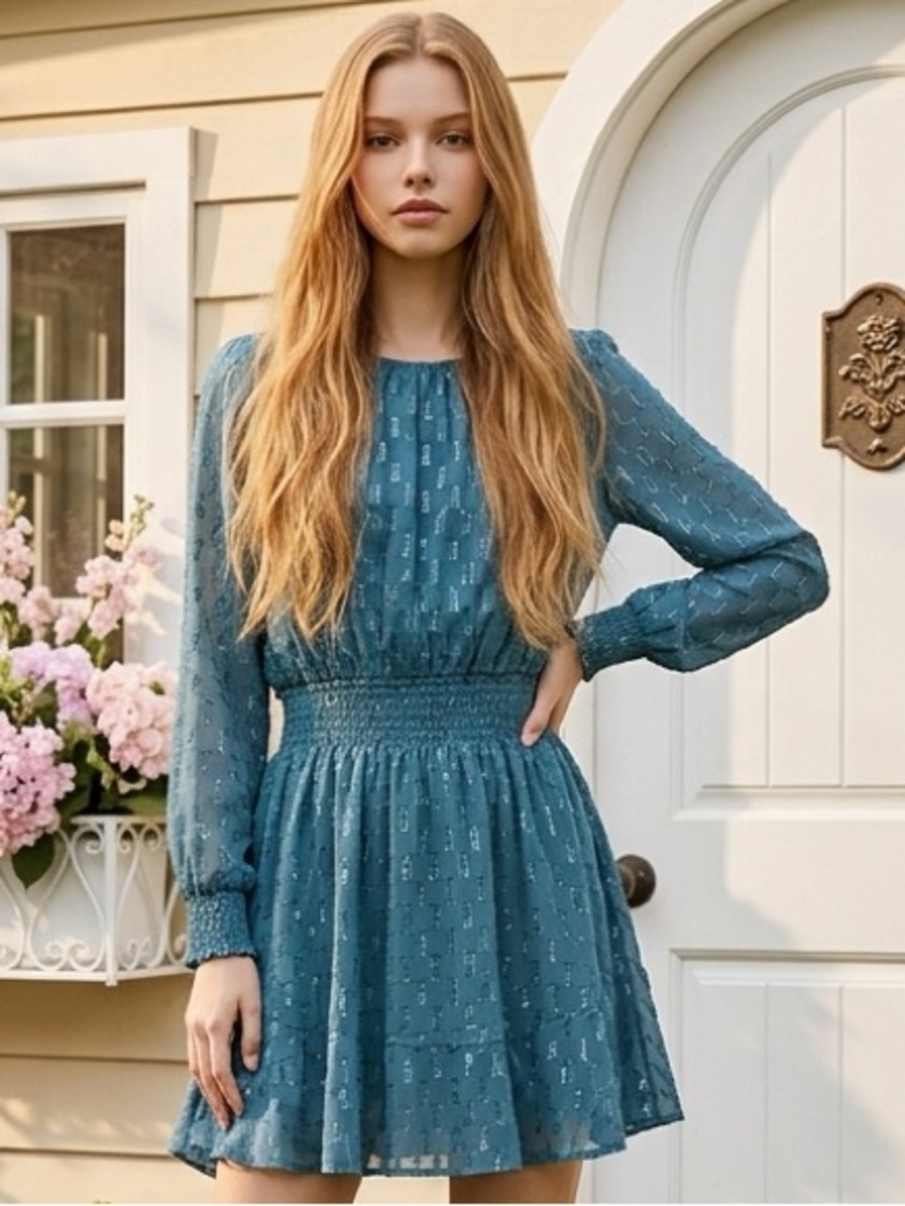 Lovestitch Women's M Blue Textured A-Line Round Neck Smocked Waist Short Dress